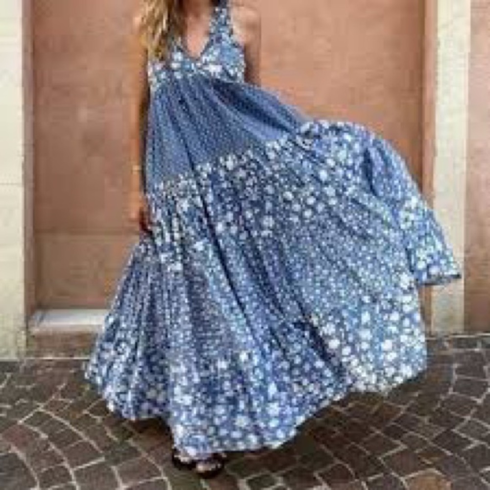 Ro’s Garden Tuckernuck/Anthropologie Sofia Blue Floral Maxi Dress - Small